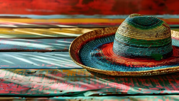 Foto chapéu sombrero mexicano em uma velha mesa de madeira com fundo colorido