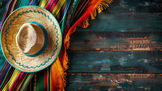 Foto chapéu sombrero tradicional mexicano em cima de um cobertor de serape colorido contra um fundo de madeira