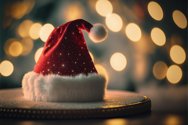 Chapéu vermelho do Papai Noel com um pompom branco em cima de uma mesa isolada Foco seletivo com fundo desfocado