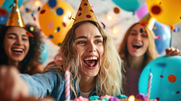 Chapéus de festa de amigos risonhos e decorações vibrantes para uma animada celebração de aniversário