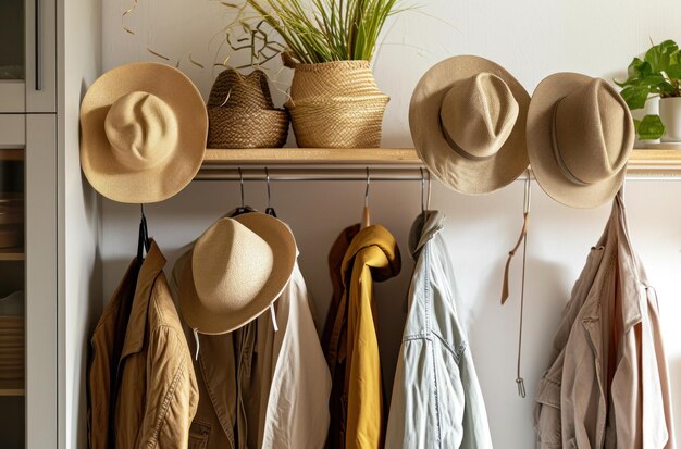 chapéus de palha e jaquetas pendurados em rack em cozinha moderna