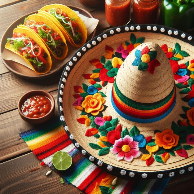 Chapéus mexicanos com tacos na mesa