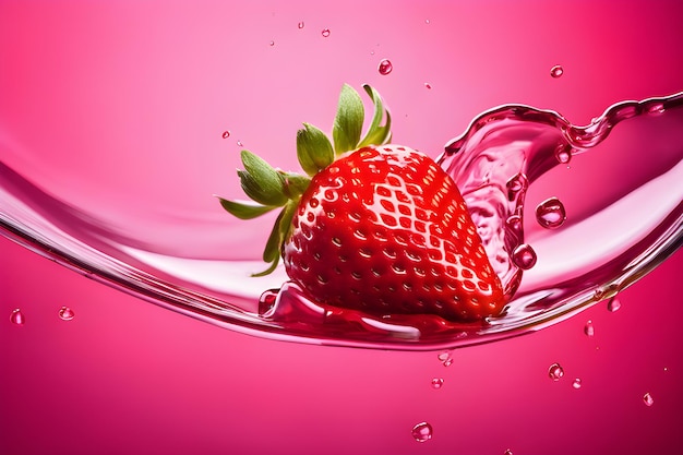 Chapoteo de fresa en agua de leche rosa