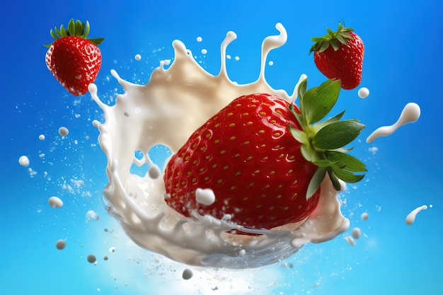 Un chapoteo de fresa y leche en un fondo azul.