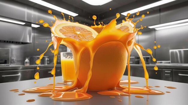 Foto un chapoteo de jugo de naranja en 3d