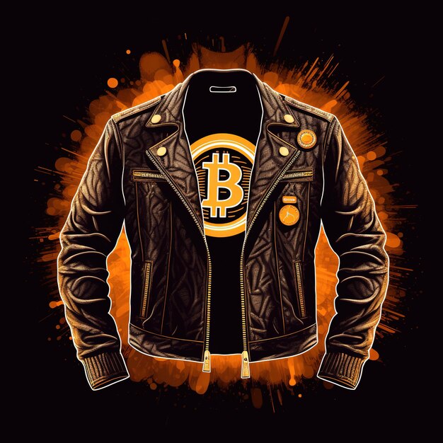 Foto una chaqueta de cuero negra con un bitcoin dorado en el frente.