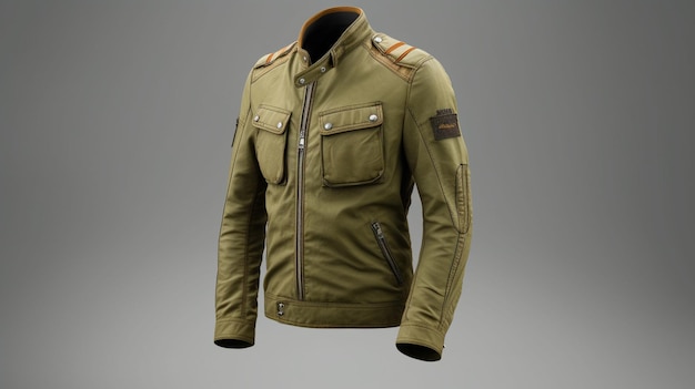 Una chaqueta del ejército se muestra sobre un fondo gris.