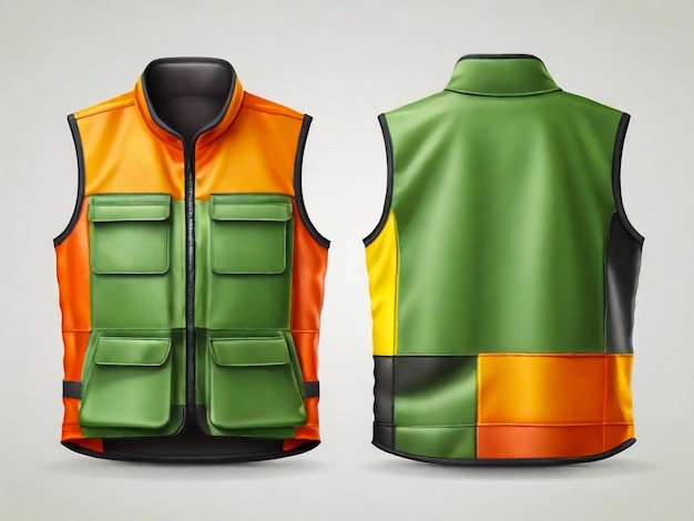 Chaqueta de seguridad aislada uniforme de seguridad de tráfico y trabajador Vector chaleco verde fluorescente maqueta 3D realista con rayas reflectantes y cremallera ropa de protección personal