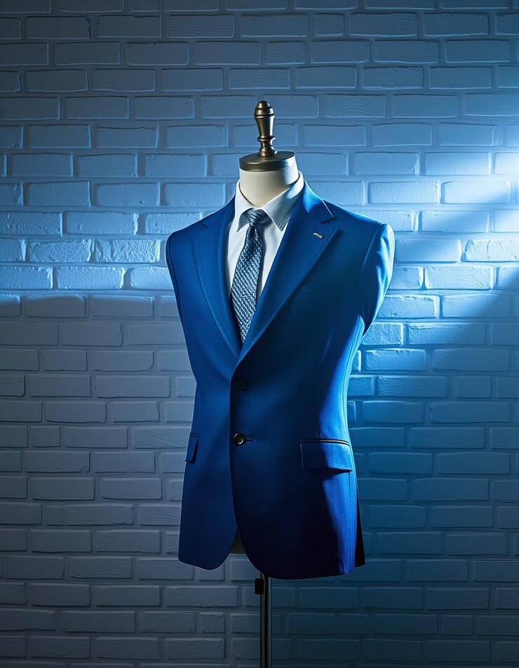 Chaqueta de traje azul en un maniquí contra un fondo de pared de ladrillo blanco