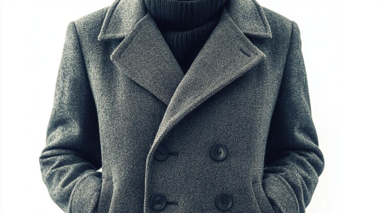 una chaqueta de traje colgando en un fondo blanco con una corbata colgando de la parte superior