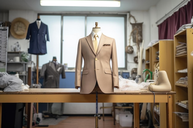 Chaqueta de traje en maniquí durante el proceso de sastrería creado con inteligencia artificial generativa