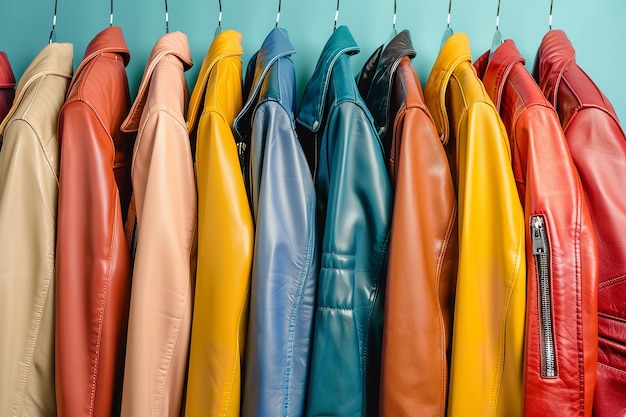Foto las chaquetas de cuero de primavera para hombres en una variedad de colores están disponibles telón de fondo vibrante de ropa contemporánea ia generativa