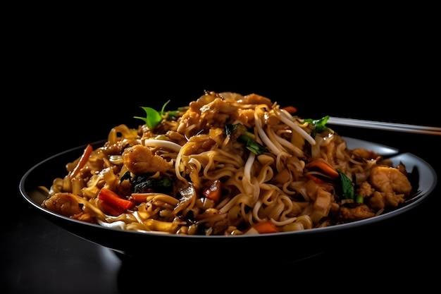 Char kway teow con albahaca sobre fondo negro