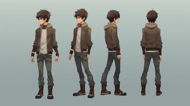 Character Turnaround Concept Art Sheet apresentando o design elegante de um jovem bonito