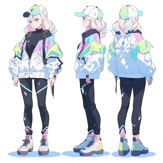 Charakter Anime-Konzept Androgyne hohe Person mit holographischer Mode Iridescent Sheet Art