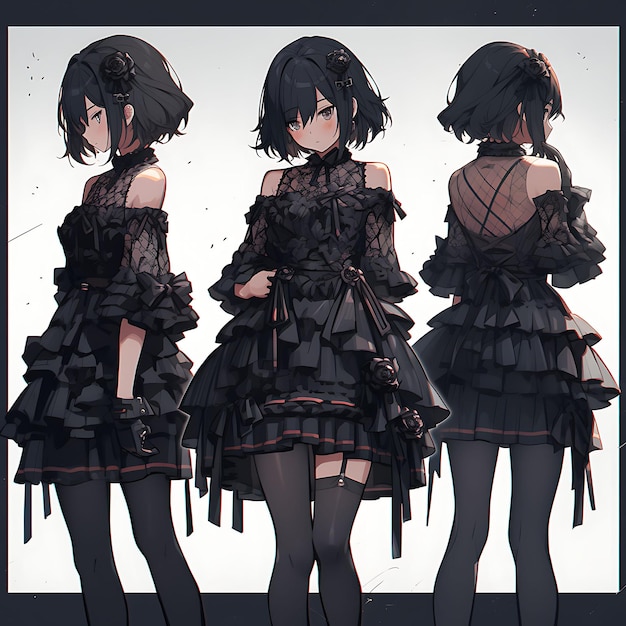 Charakter Anime Konzept Weiblich Kurz Gothic Lolita Mode Dunkle und elegante Farben M Blattkunst