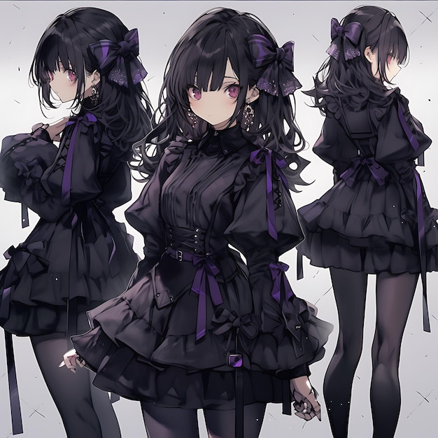 Charakter Anime Konzept Weiblich Kurz Gothic Lolita Mode Dunkle und elegante Farben M Blattkunst