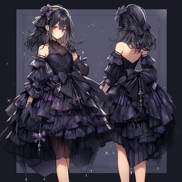 Charakter Anime Konzept Weiblich Kurz Gothic Lolita Mode Dunkle und elegante Farben M Blattkunst