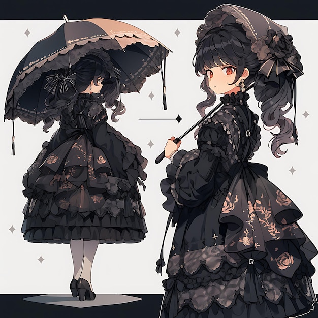 Charakter Anime von weiblicher Chibi Kawaii Gothic Lolita Mode Eleganter viktorianischer Design Konzeptkunst