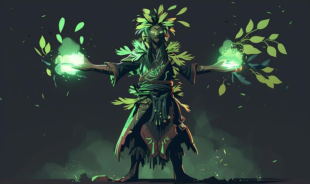 Charakter des mystischen Druiden, der eine von der Natur inspirierte Kleidung trägt und einen Konzeptblatt für die Beschwörung hat