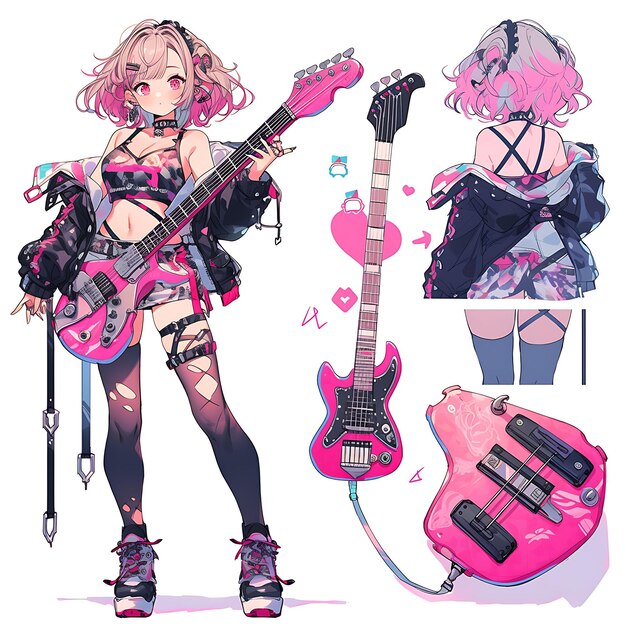 Charakter des weiblichen Engel Chibi Kawaii Musikladenbesitzer Punk Rock Fashio Konzept Kunstblatt Manga