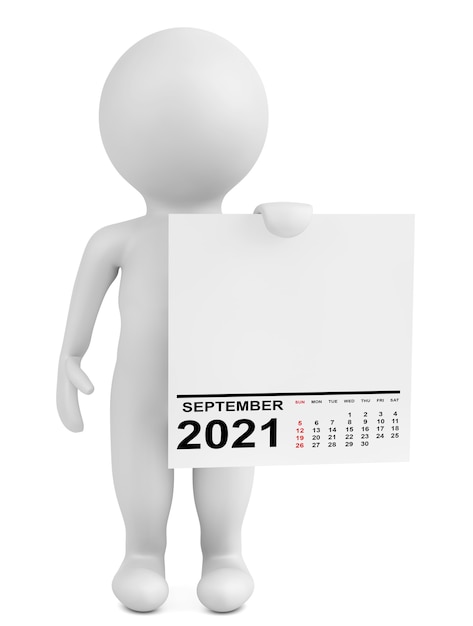 Charakter hält Kalender September 2021 Jahr auf weißem Hintergrund. 3D-Rendering
