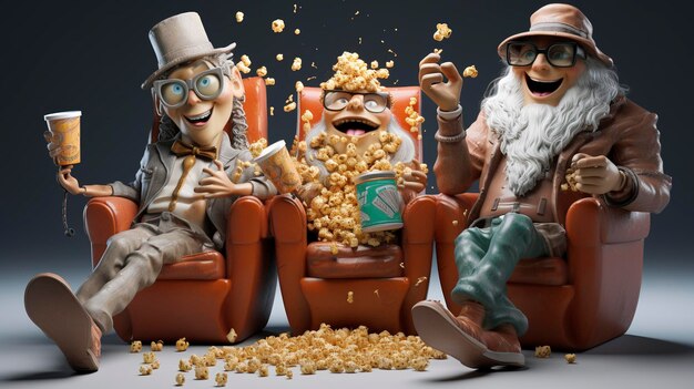 Foto charaktere, die 3d-filme mit popcorn genießen.
