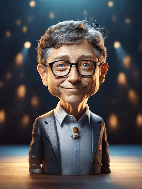 Charakterporträt von Bill Gates, der auf der Bühne steht, Profilkarikatur Chibi kawaii3d rend