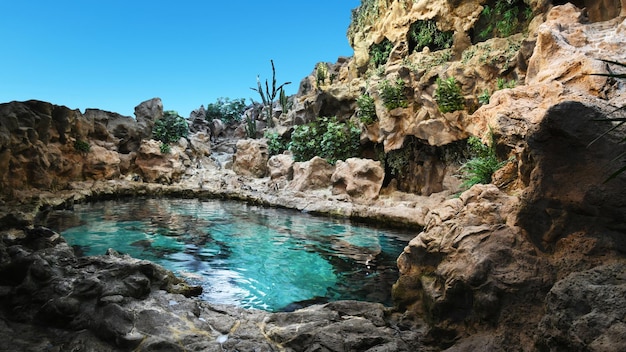 Un charco de agua con un cactus en el lado izquierdo.