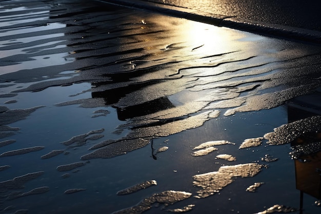 Charco de agua sobre asfalto húmedo con reflejos y rayas de luz