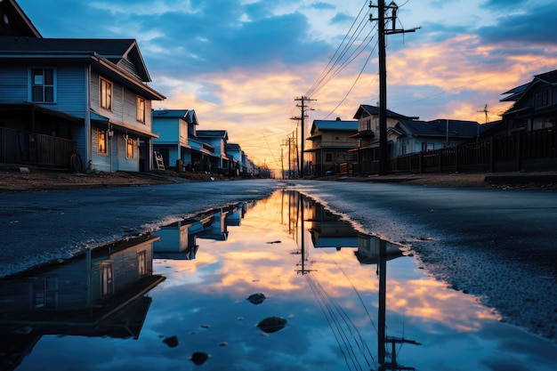 charco reflejado en una calle en el estilo de la luz azul del cielo fotografía japonesa ai generado