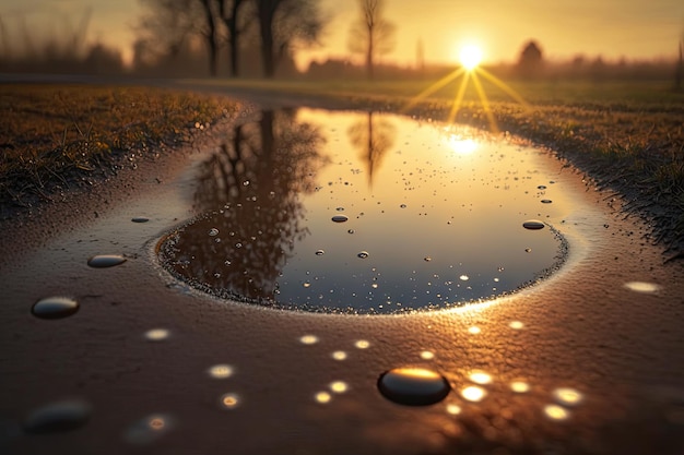 Charco rodeado de gotas de rocío en una mañana luminosa y soleada