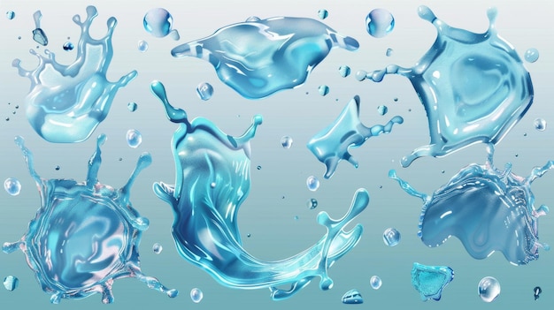 Los charcos de derrame de agua se ven desde arriba con gotas dispersas, manchas de hidratación aisladas en un fondo transparente, ilustración moderna realista en 3D.