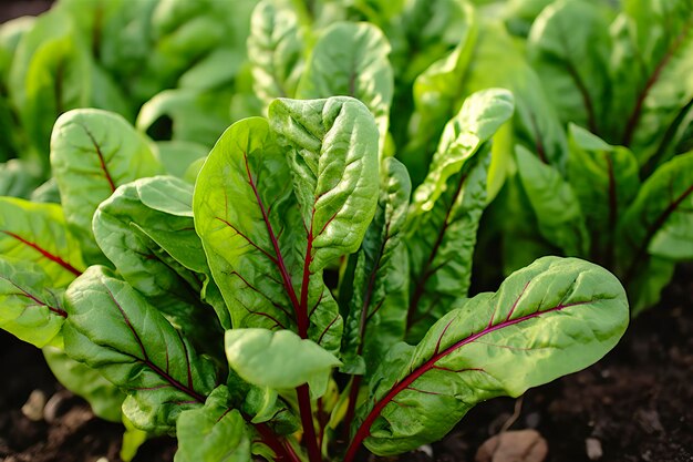 Chard crescendo em um jardim urbano Cereja de jardim e folhas de salada de perto IA generativa