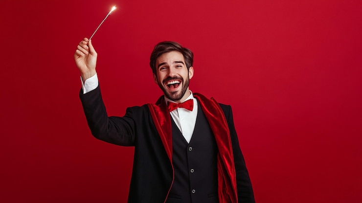 Foto charismatischer zauberer hält den zauberstab und feiert einen trick