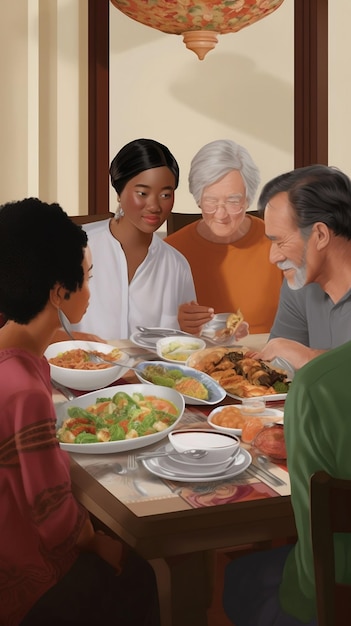Charla familiar durante la cena con diversidad étnica.