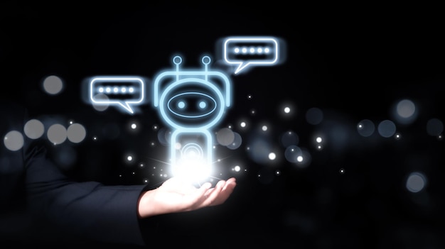 Charla con IA Inteligencia artificial hombre usando tecnología robot inteligente IA inteligencia artificial mediante la entrada de comando para genera algo transformación tecnológica futurista