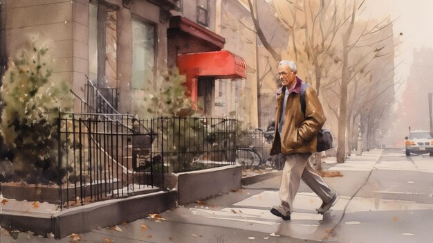 Charles andando na calçada em aquarela