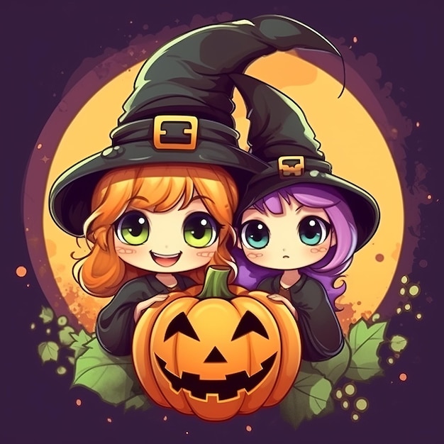 Charm and Charms Entzückende Halloween-Illustration mit niedlichen Hexen und Kürbis