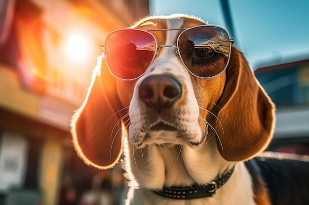 Charm-Beagle mit Brille zur goldenen Stunde