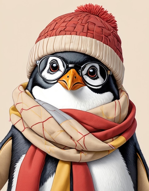 Charmante anthropomorphe Tierpinguine mit gestricktem Schal, Hut, Brille, gemütliche Winterillustration