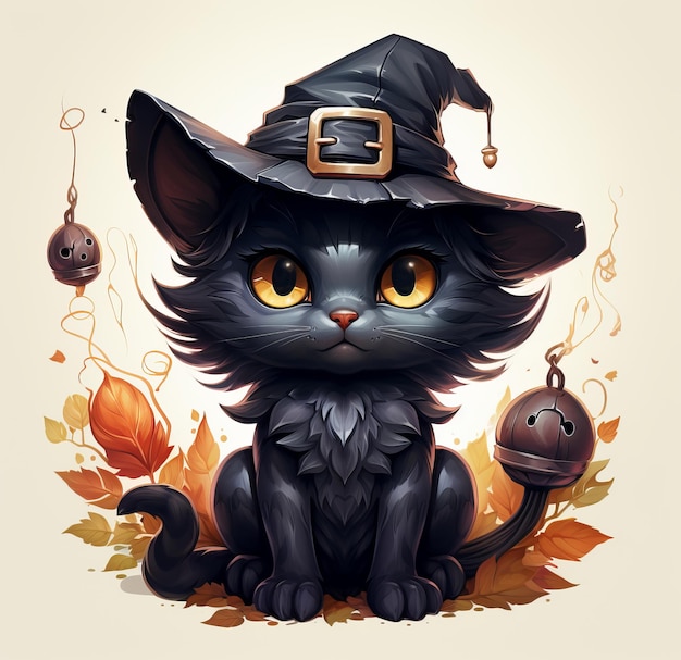 Charmante handgezeichnete Katze mit schwarzem Hut. Ideal für Halloween-Spaß