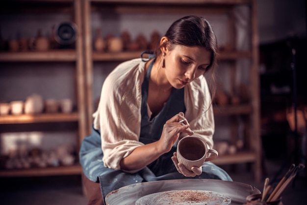 Charmante Handwerker posieren bei der Herstellung von Steingut. Handwerkliche Produktion.