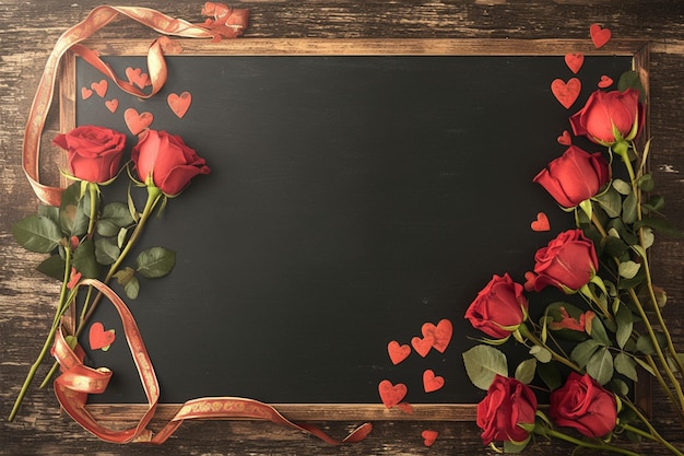 Charmante Tafel, geschmückt mit roten Rosen und herzförmigen Bändern