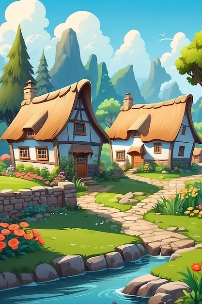 Charmante Zeichentrick-Dorflandschaft mit gemütlichen Hütten und Strohdächern