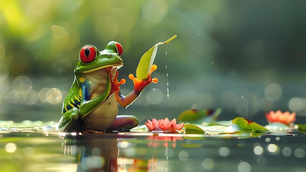 Charmanter animierter Frosch genießt einen friedlichen Moment mit einem Blattschirm. Eine ruhige, lebendige Szene, ideal für Geschichten und Themen.