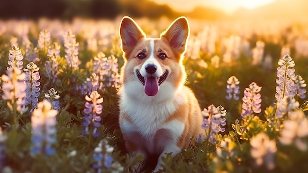 Charmanter Corgi-Hund mit Blumen im Frühling. Generative KI