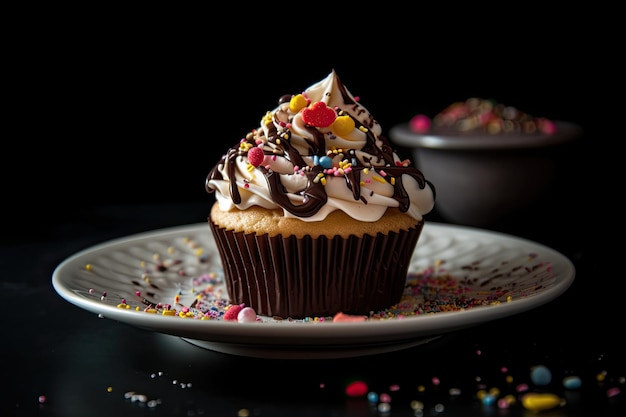 Charmanter Cupcake mit Schokolade und Erdbeere Glasur generative IA