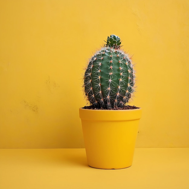 Charmanter Kaktus auf einem alten Holztisch, ergänzt von sonnigen gelben Wänden