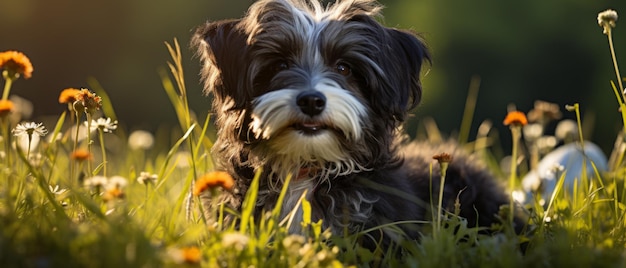 Charmanter schwarz-weißer Havanese-Hund sitzt auf einer Wiese